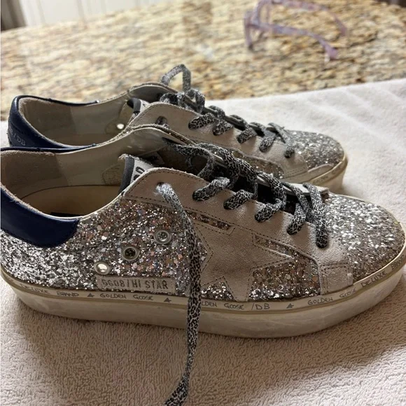 Golden Goose Hi Star Sneakers with Glitter and Blue Accents